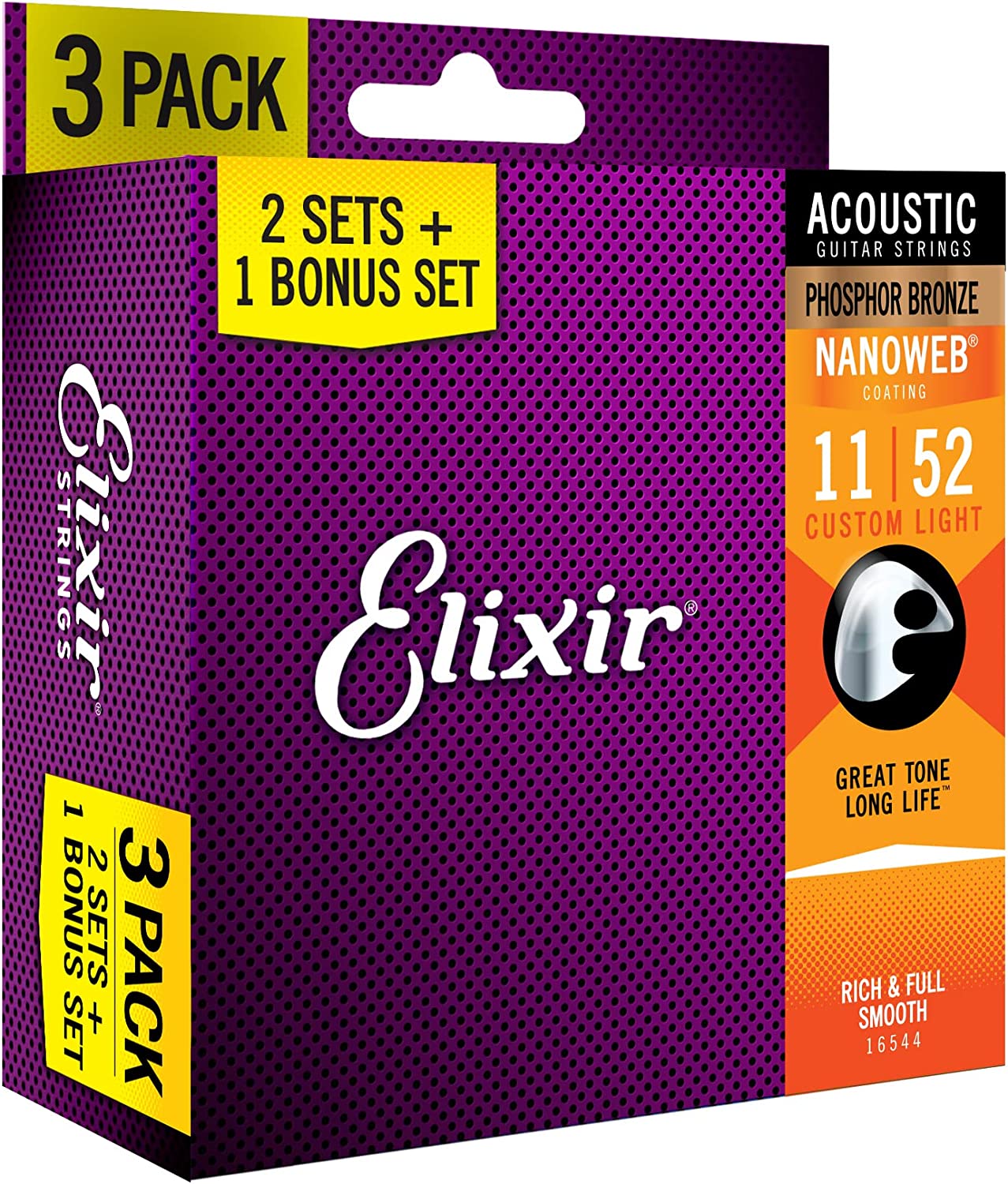 Imagem de 3 Pack Jogo Cordas para Guitarra Acústica Elixir .011 Phosphor Bronze 16544